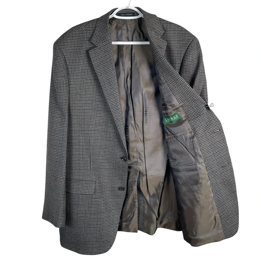 Lauren‎ Ralph Lauren Mens Wool HOUNDSTOOTH Sport Coat Blazer 42L Gray 2 Button